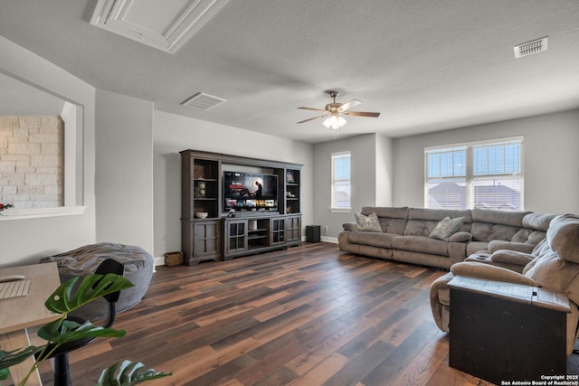 living area featuring ceiling fan, attic access, visible vents, and dark wood finished floors