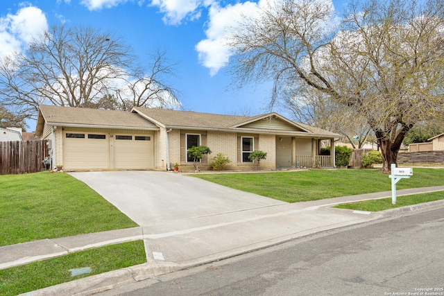 single story home featuring an attached garage, a front yard, fence, and brick siding