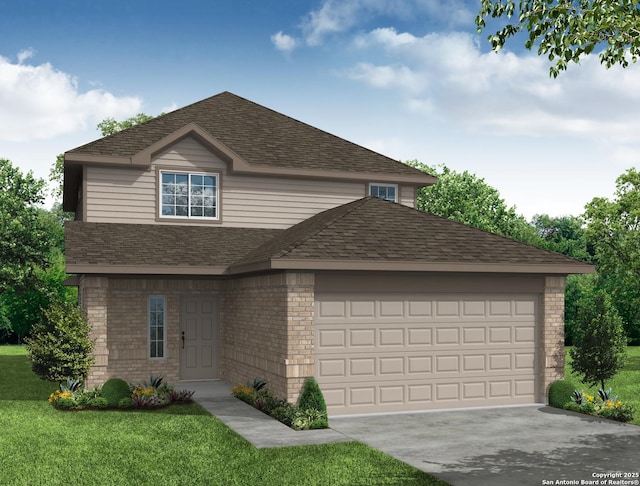 view of front of home with a shingled roof, a front lawn, and brick siding