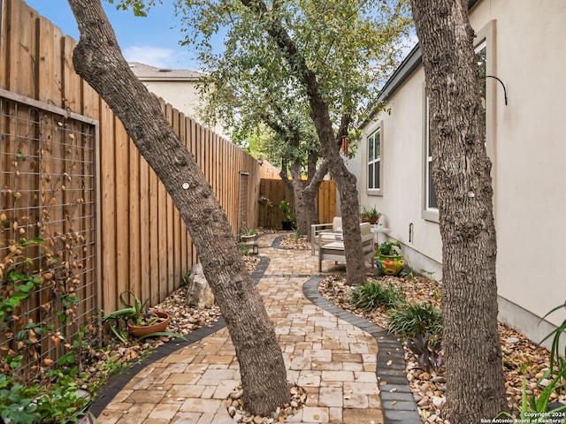 view of yard with a fenced backyard and a patio