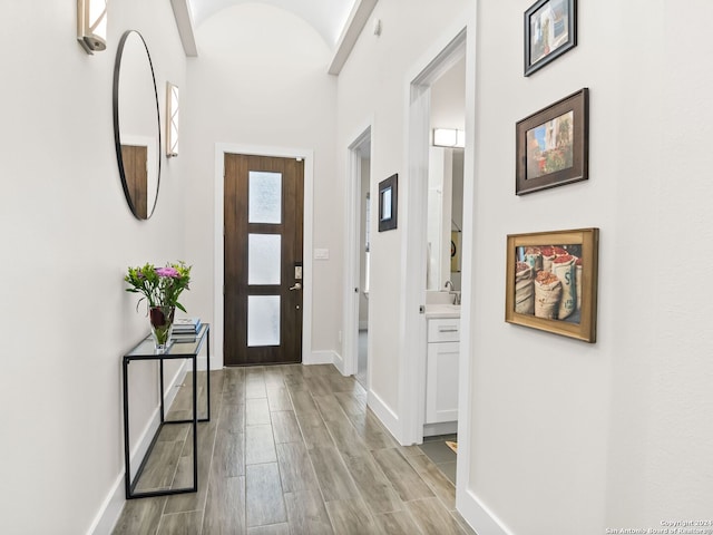 foyer entrance featuring wood finished floors and baseboards