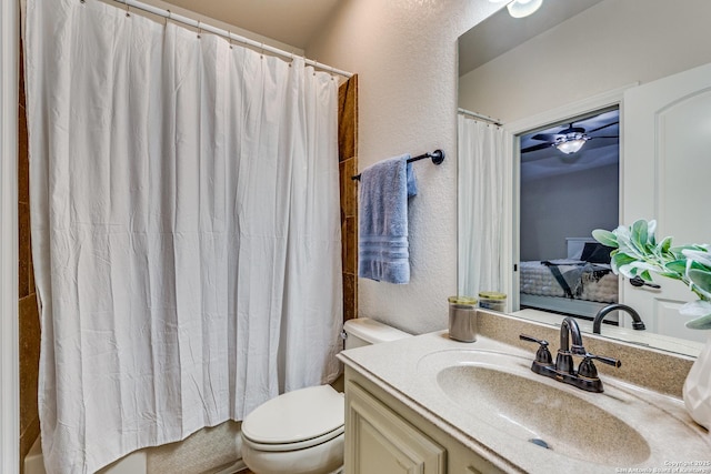 full bath featuring a textured wall, toilet, ensuite bath, shower / bath combination with curtain, and vanity