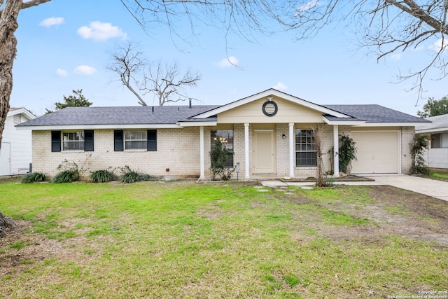 ranch-style house with concrete driveway, brick siding, an attached garage, and a front lawn