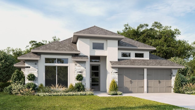 view of front facade featuring a garage, stone siding, a front lawn, and concrete driveway