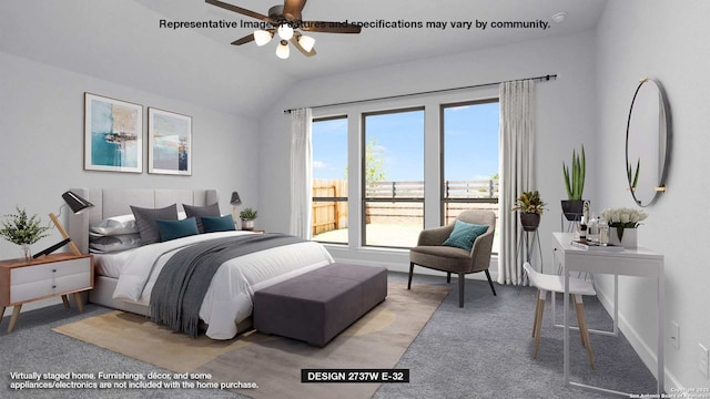 bedroom with carpet, vaulted ceiling, and baseboards