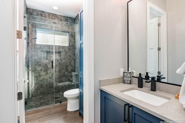 bathroom with toilet, a shower stall, wood finished floors, and vanity