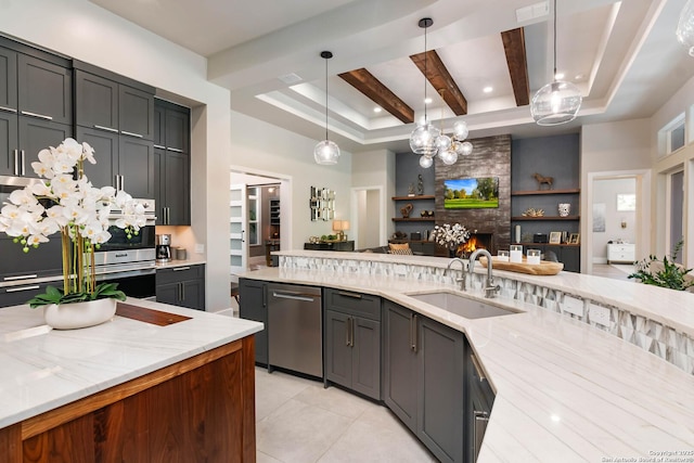 kitchen featuring light tile patterned floors, a sink, stainless steel dishwasher, beam ceiling, and light stone countertops