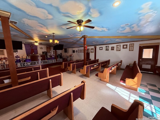 interior space with ceiling fan with notable chandelier, visible vents, and tile patterned floors