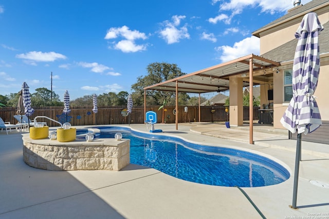 view of pool featuring a fenced backyard, a fenced in pool, and a patio