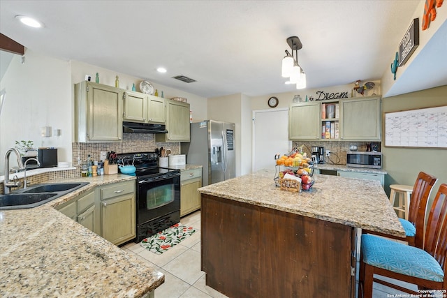 kitchen with light tile patterned floors, under cabinet range hood, stainless steel appliances, a sink, and open shelves