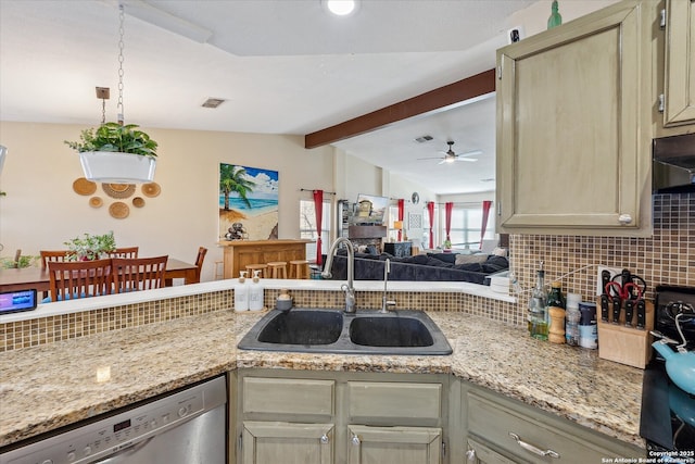 kitchen featuring visible vents, decorative backsplash, dishwasher, vaulted ceiling with beams, and a sink