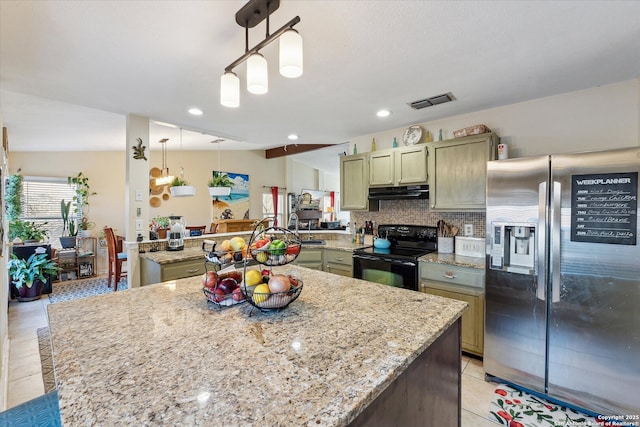 kitchen with stainless steel fridge, lofted ceiling, black electric range oven, ventilation hood, and backsplash