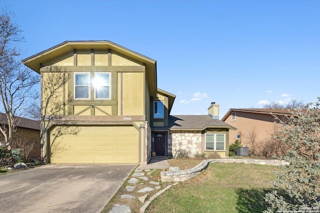 view of front of home with a chimney, stucco siding, concrete driveway, a garage, and stone siding