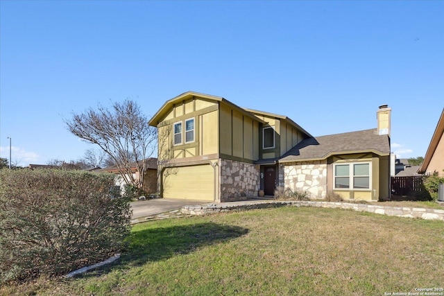 view of front facade with a chimney, concrete driveway, an attached garage, board and batten siding, and a front yard