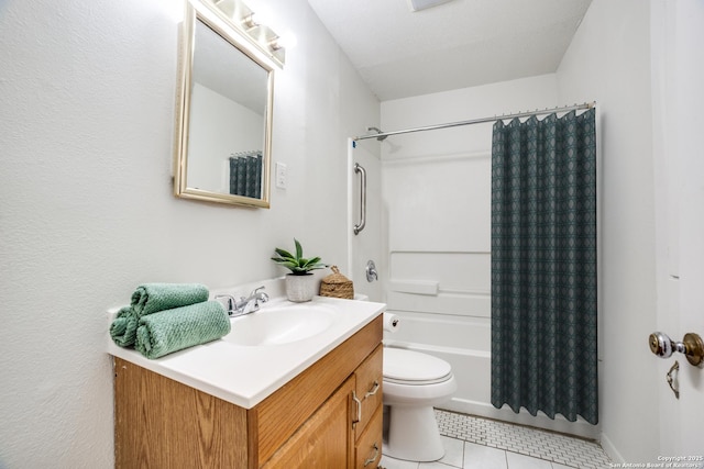 bathroom featuring toilet, tile patterned flooring, shower / tub combo with curtain, and vanity