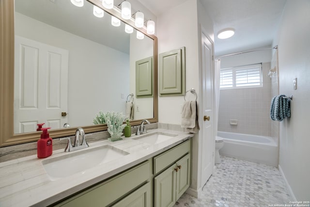 bathroom with double vanity, a sink, toilet, and shower / bathtub combination with curtain