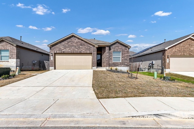 ranch-style house with driveway, a garage, and brick siding