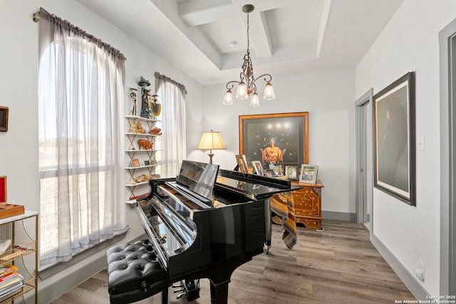 sitting room featuring a chandelier, plenty of natural light, baseboards, and wood finished floors