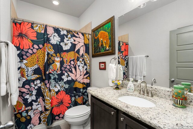 bathroom featuring toilet, vanity, and a shower with curtain