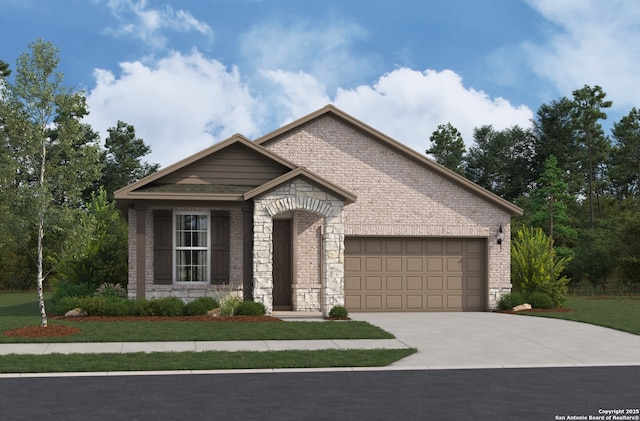 view of front of house featuring a garage, concrete driveway, brick siding, and stone siding