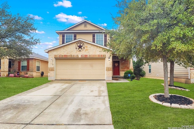 traditional-style house with a garage, driveway, and a front yard