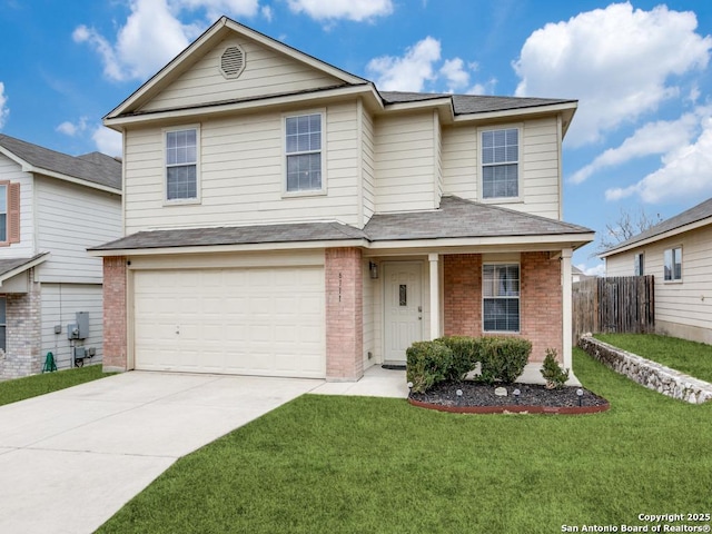 traditional-style house with an attached garage, brick siding, fence, driveway, and a front lawn