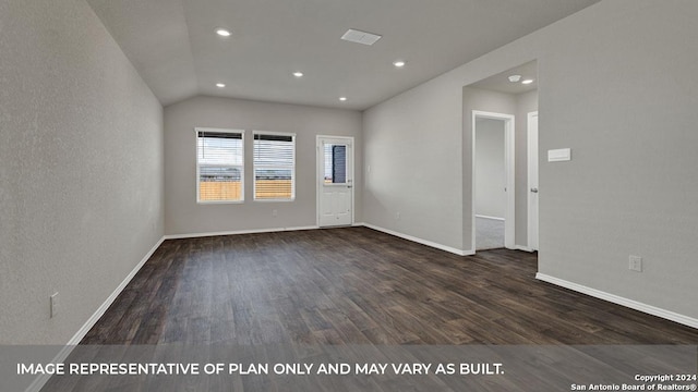 unfurnished room featuring lofted ceiling, recessed lighting, wood finished floors, visible vents, and baseboards