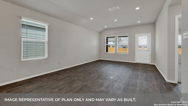 empty room featuring vaulted ceiling, recessed lighting, dark wood finished floors, and baseboards