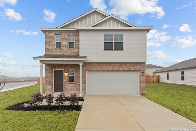 craftsman-style house with brick siding, an attached garage, board and batten siding, concrete driveway, and a water view