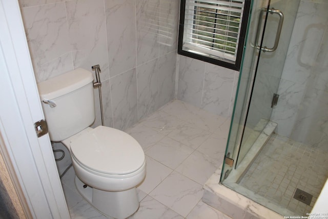 bathroom with marble finish floor, a marble finish shower, and toilet