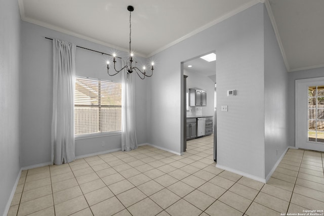 unfurnished room with light tile patterned floors, baseboards, ornamental molding, and a notable chandelier