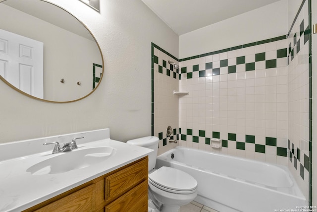 full bath featuring  shower combination, tile patterned flooring, vanity, and toilet