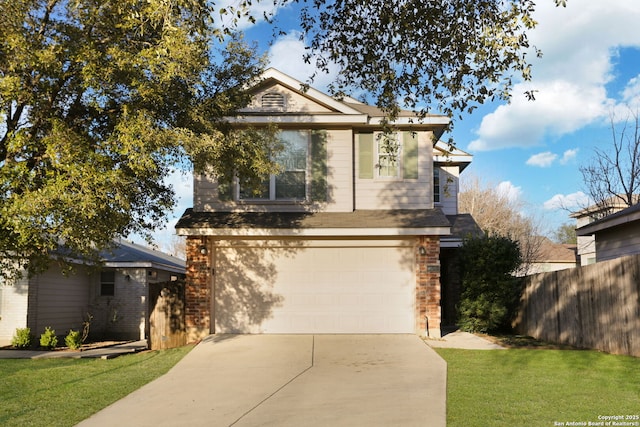 traditional-style house featuring a garage, driveway, a front lawn, and fence