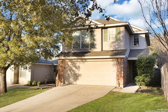 traditional home with concrete driveway, brick siding, an attached garage, and fence