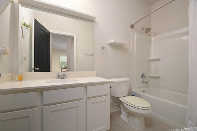 bathroom with toilet, shower / bathing tub combination, tile patterned flooring, and vanity