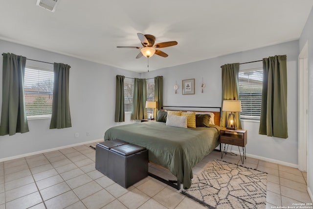 bedroom with a ceiling fan, visible vents, baseboards, and light tile patterned flooring