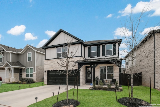 view of front of house featuring board and batten siding, a front yard, a garage, stone siding, and driveway