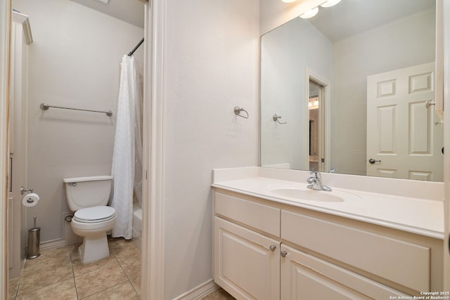 bathroom featuring shower / bath combo, vanity, toilet, and tile patterned floors