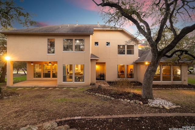 rear view of property with ceiling fan, a shingled roof, a patio area, and stucco siding