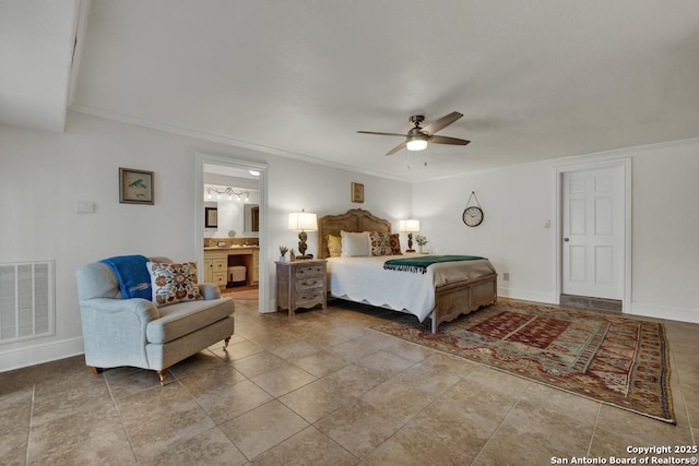 tiled bedroom with baseboards, visible vents, a ceiling fan, ensuite bath, and ornamental molding