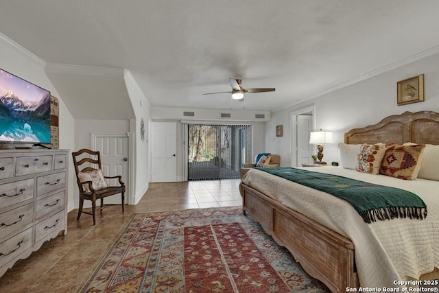 tiled bedroom with access to outside, visible vents, crown molding, and ceiling fan