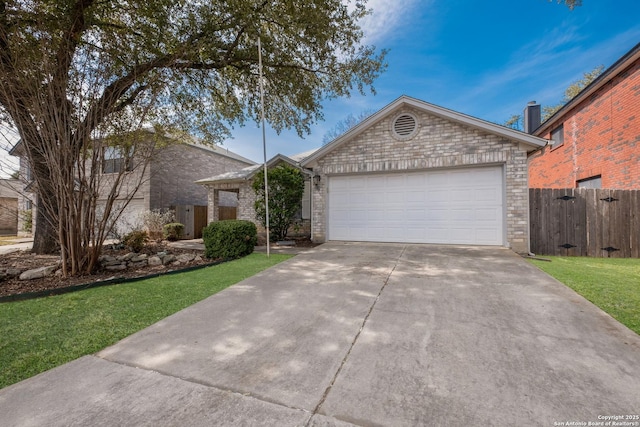 view of front of home featuring a garage, concrete driveway, brick siding, and fence