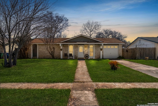 single story home with driveway, a garage, a lawn, fence, and a porch