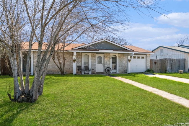 ranch-style house featuring a garage, covered porch, fence, driveway, and a front yard