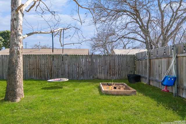 view of yard featuring a fenced backyard and a garden