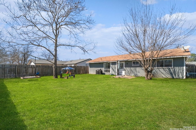 rear view of property with a lawn, a fenced backyard, and stucco siding