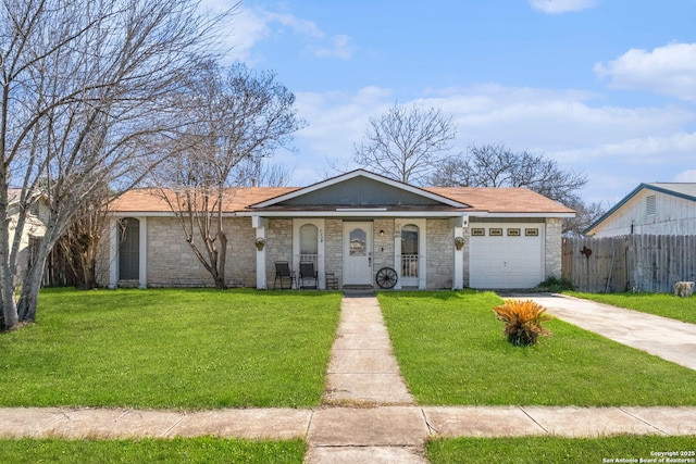 ranch-style home with a porch, a garage, fence, concrete driveway, and a front lawn