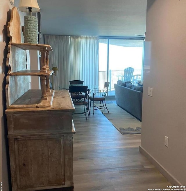 interior space featuring a wall of windows, wood finished floors, and baseboards