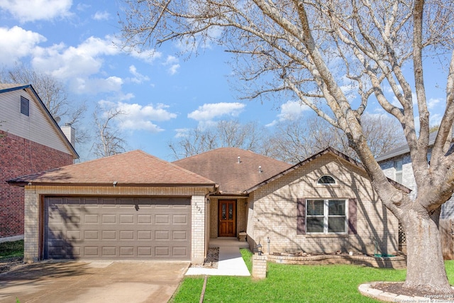 view of front facade with a garage, brick siding, concrete driveway, roof with shingles, and a front lawn