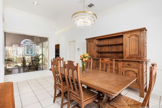 dining area featuring a chandelier, light tile patterned floors, visible vents, and crown molding